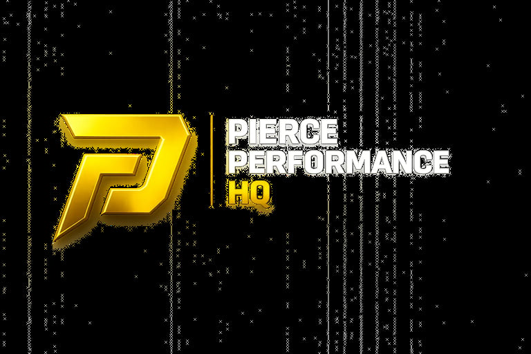 Pierce Performance HQ logo featuring gold 3D letter P on black background with digital matrix pattern